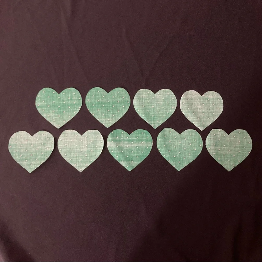 Vintage 1990s Set of 9 Green Floral Heart Shaped Fabric Scraps 5” x 4.5”